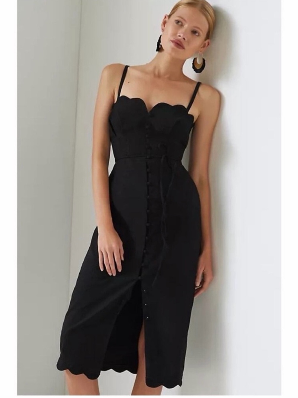 Anthropologie  black Scallop-Edge Midi Dress with Button Front